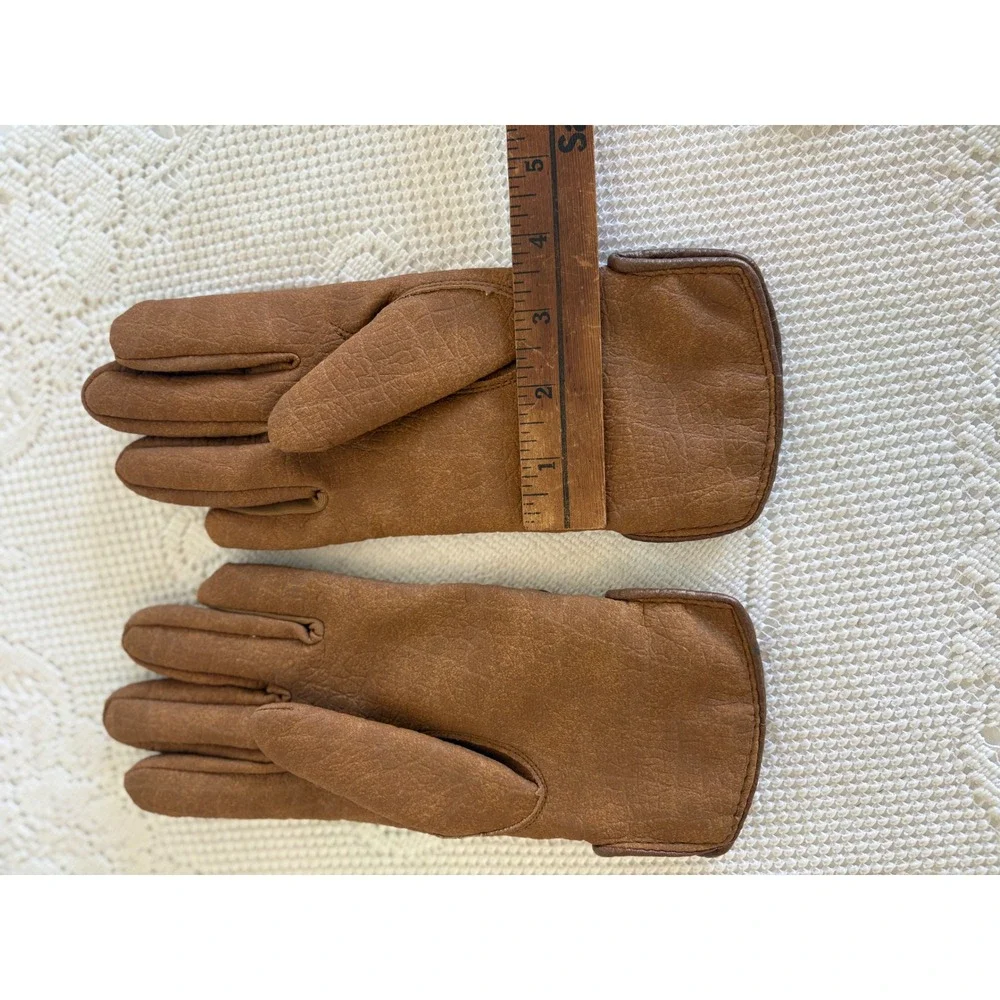 Vintage Tan Brown Leather Faux Shearling Lined Winter Gloves Women Small